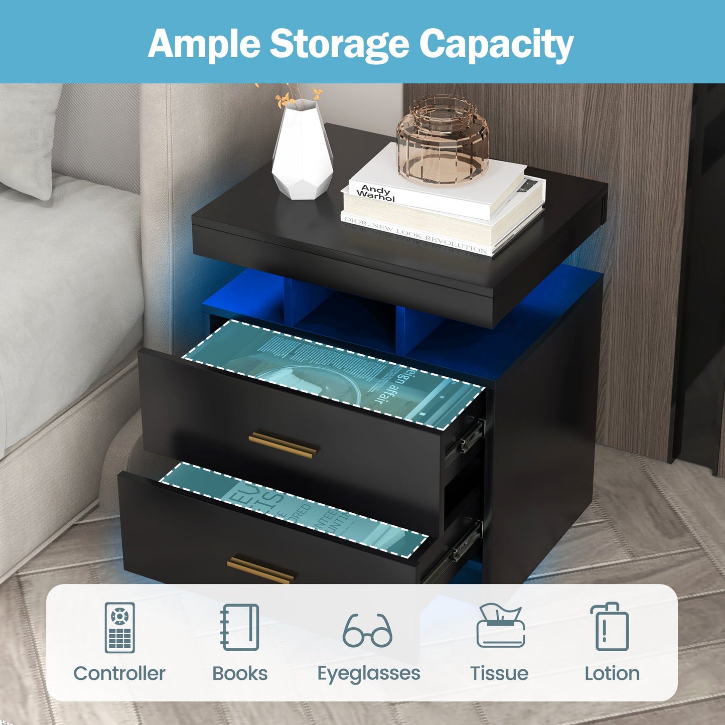 Mesita de noche LED con 2 cajones de almacenamiento para dormitorio - Negro