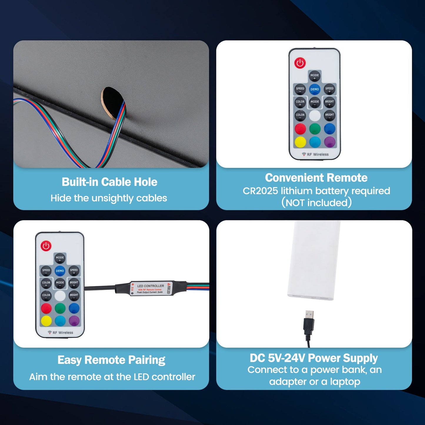 Mesita de noche LED con 2 cajones de almacenamiento para dormitorio - Negro