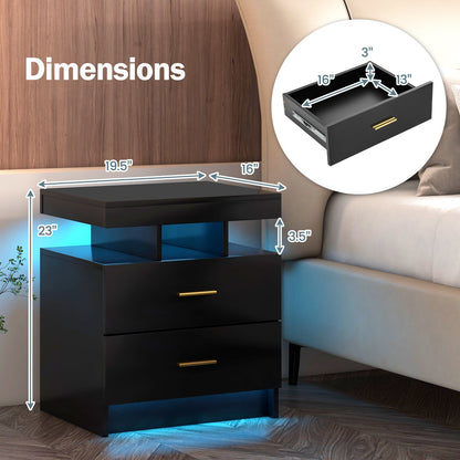 Mesita de noche LED con 2 cajones de almacenamiento para dormitorio - Negro