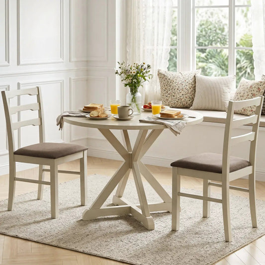 Upholstered dining chairs set of 2 with white wood frame and beige cushioned seats on Tampa Home & Garden Store