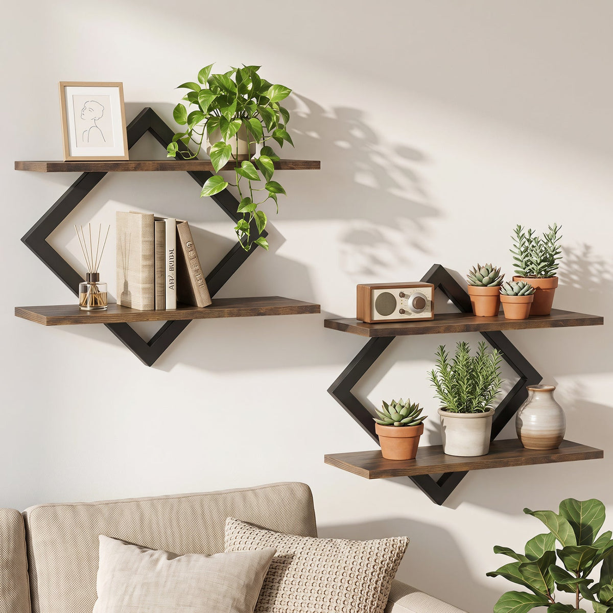 Metal floating wall shelves set of 2 with geometric black frames and wood shelves with plants on Tampa Home & Garden Store