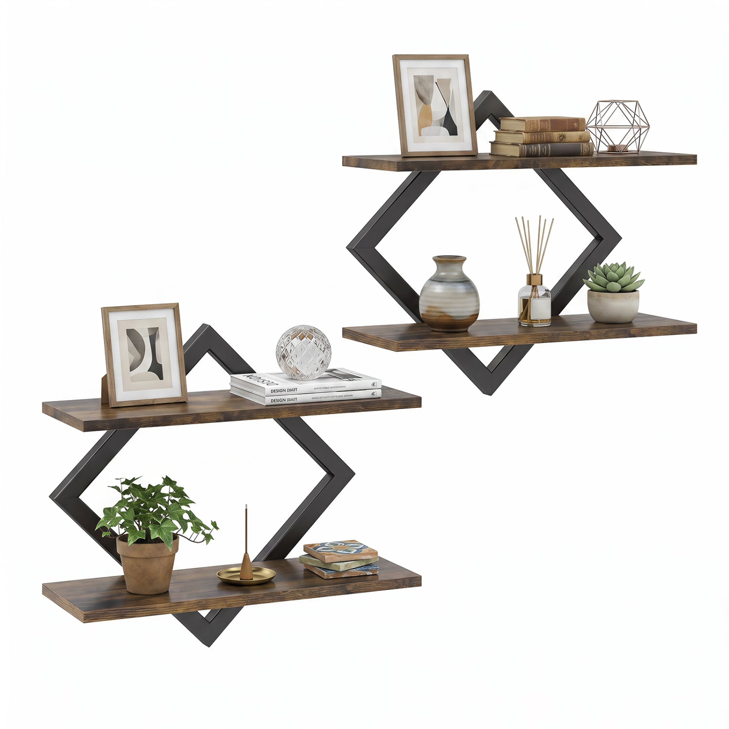 Metal floating wall shelves set of 2 with diamond-shaped black frames and dark wood shelves on Tampa Home & Garden Store