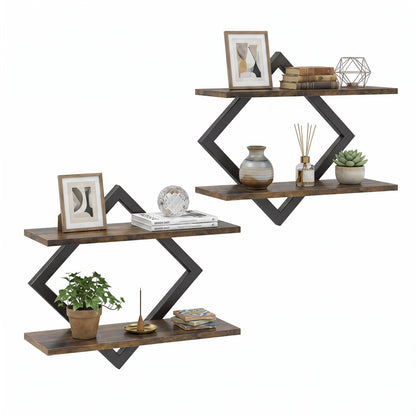 Metal floating wall shelves set of 2 with diamond-shaped black frames and dark wood shelves on Tampa Home & Garden Store