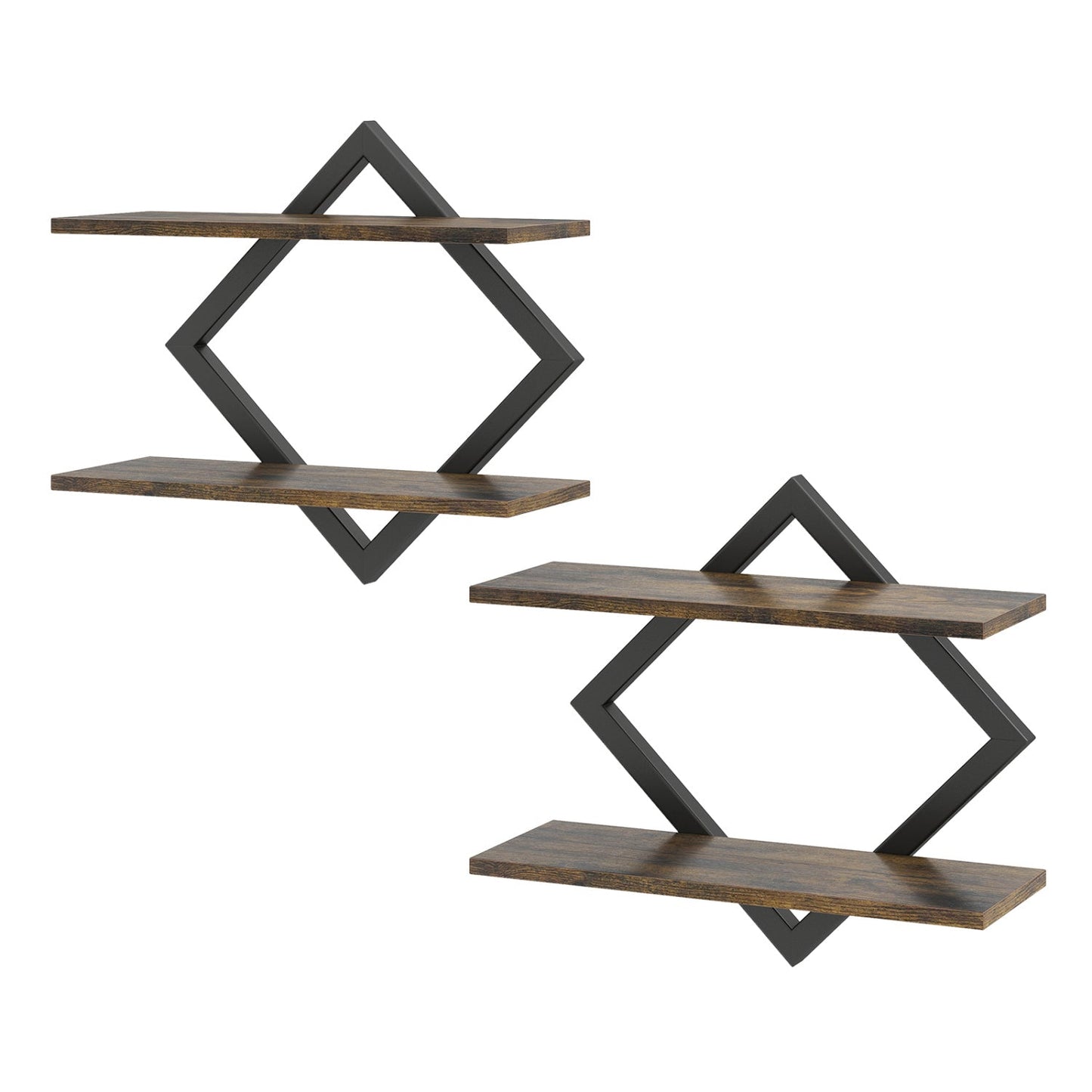 Metal floating wall shelves set of 2 with black metal diamond frames and wood shelves on Tampa Home & Garden Store
