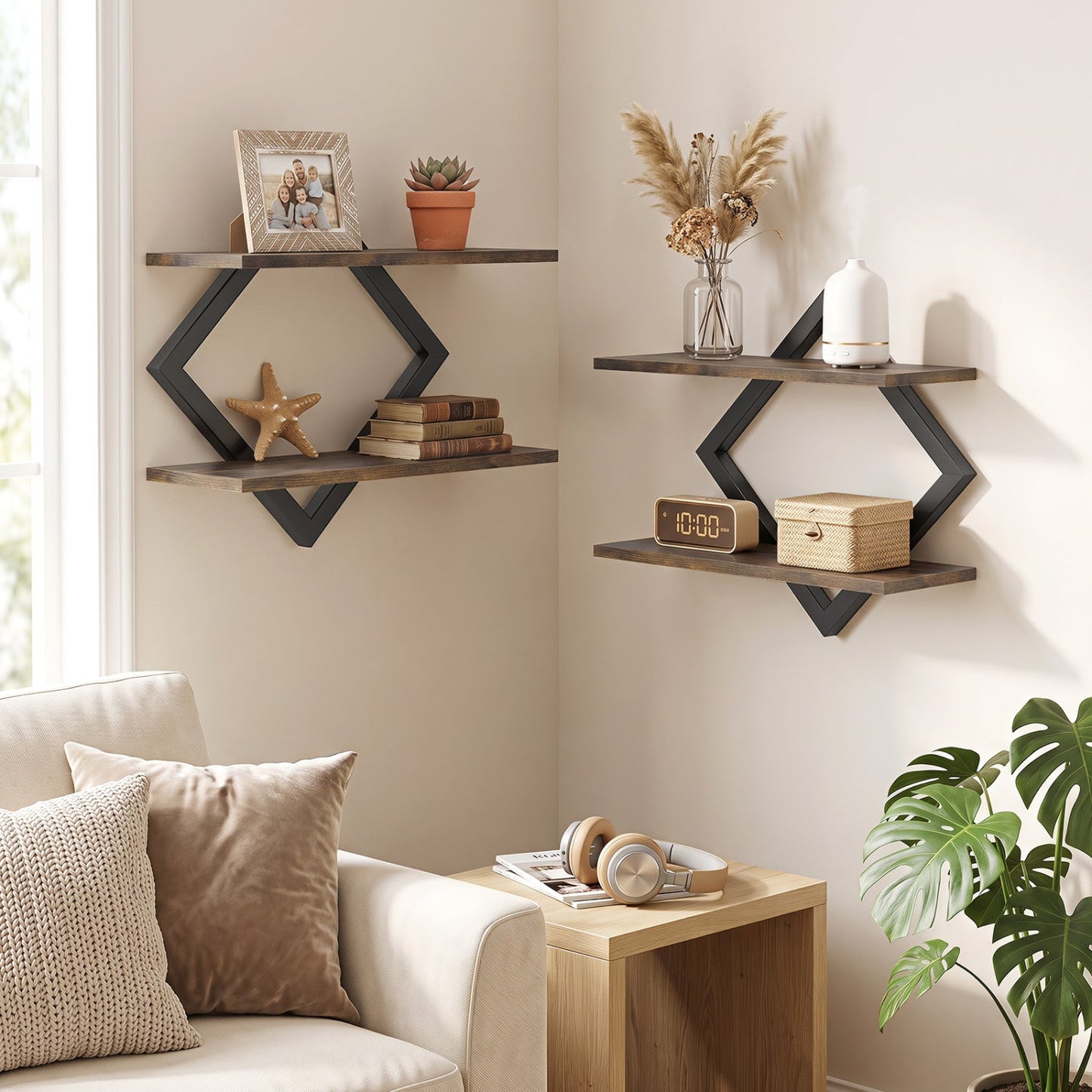 Metal floating wall shelves set of 2 with black diamond-frame supports and rustic wood shelves on Tampa Home & Garden Store