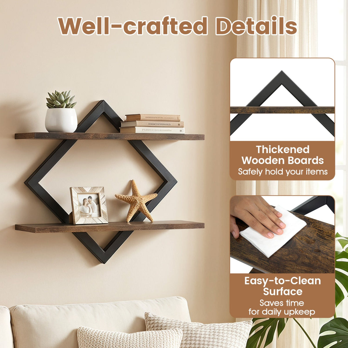 DirectDeals metal floating wall shelves set of 2 with wood boards and black geometric frames on Tampa Home & Garden Store