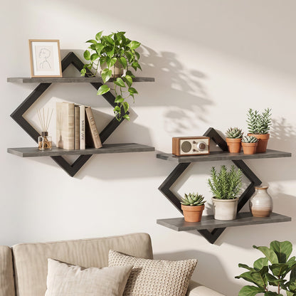 Metal floating wall shelves set of 2 with geometric diamond frame gray wood DirectDeals on Tampa Home & Garden Store