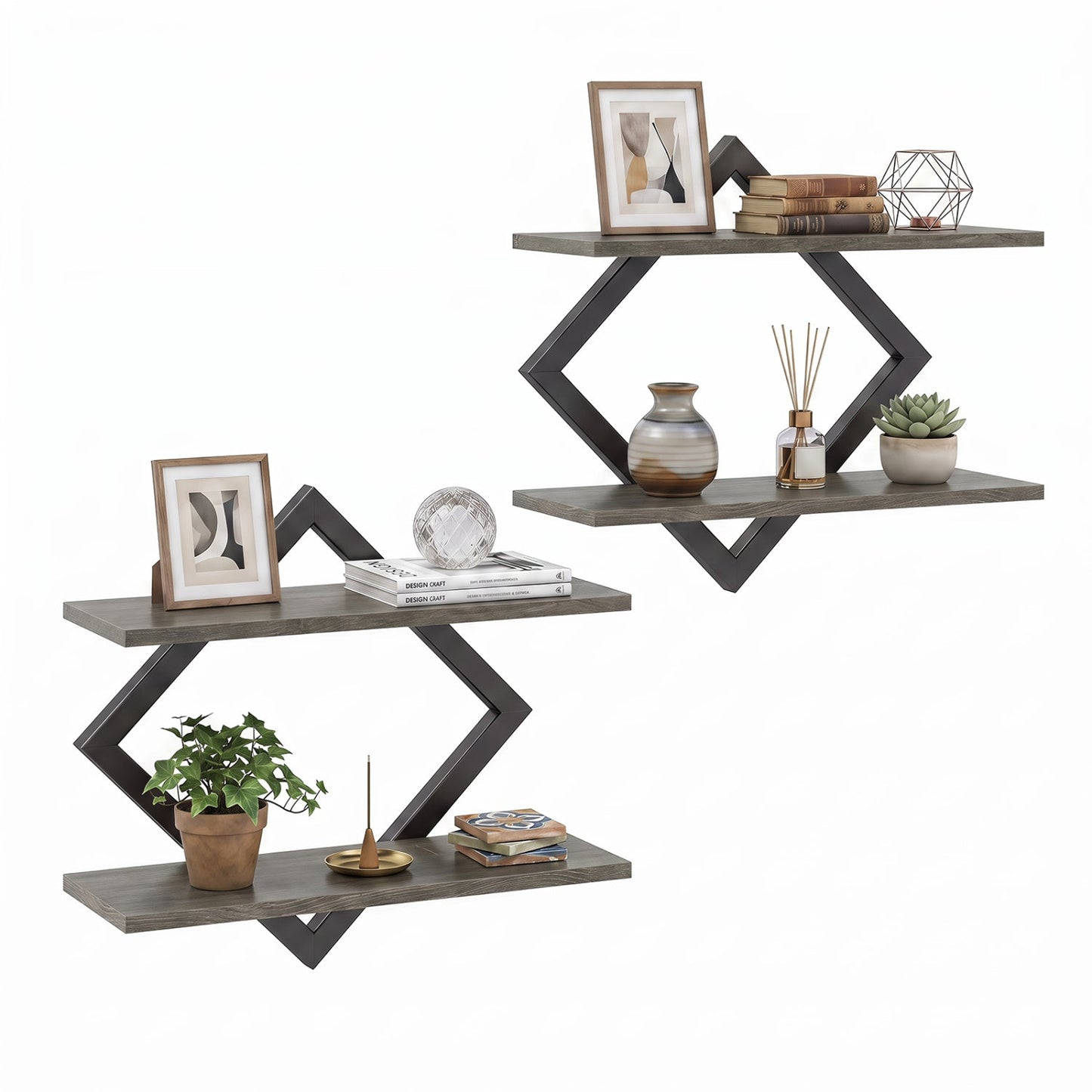 Metal floating wall shelves gray wood-look with diamond frame set of 2 DirectDeals on Tampa Home & Garden Store