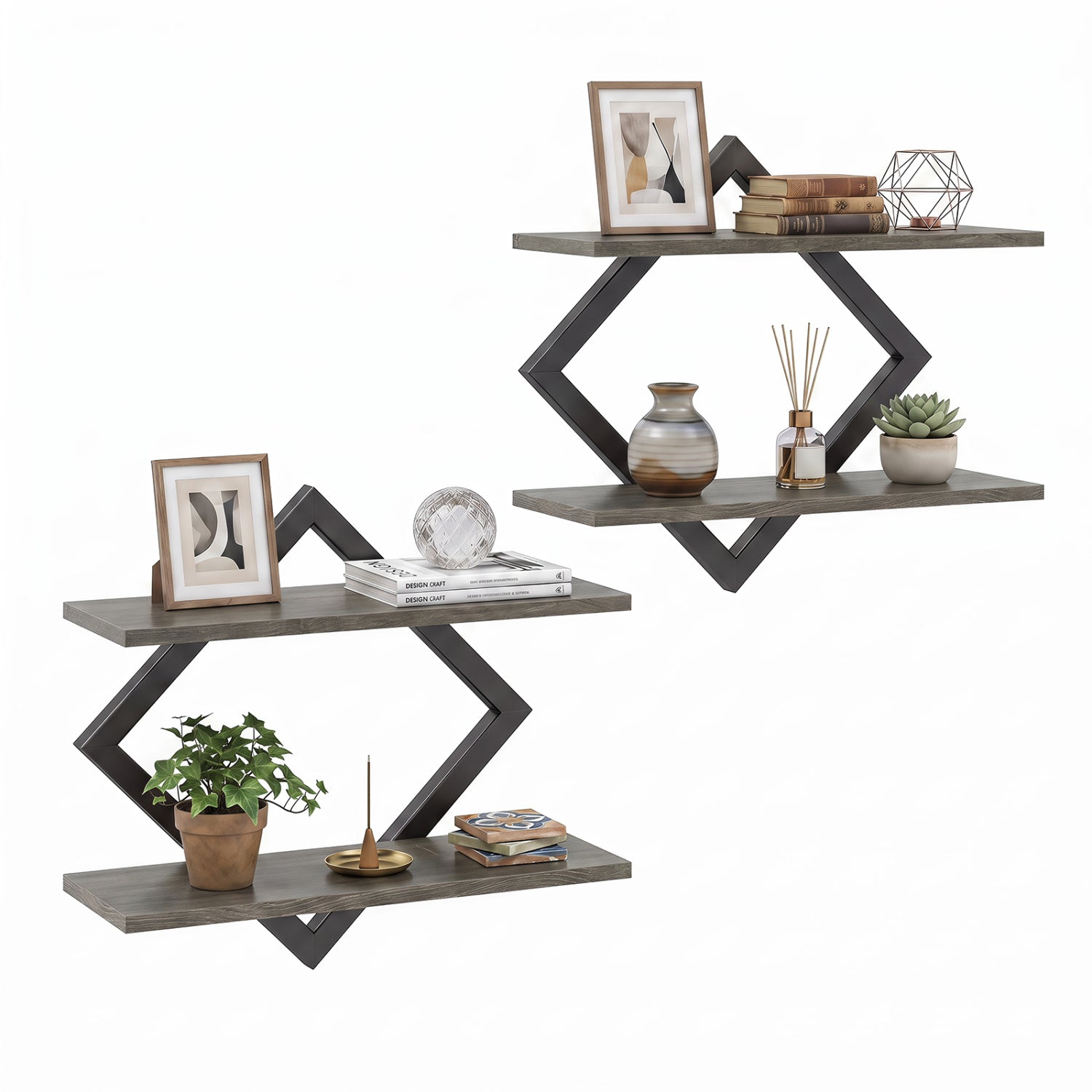 Metal floating wall shelves gray wood-look with diamond frame set of 2 DirectDeals on Tampa Home & Garden Store