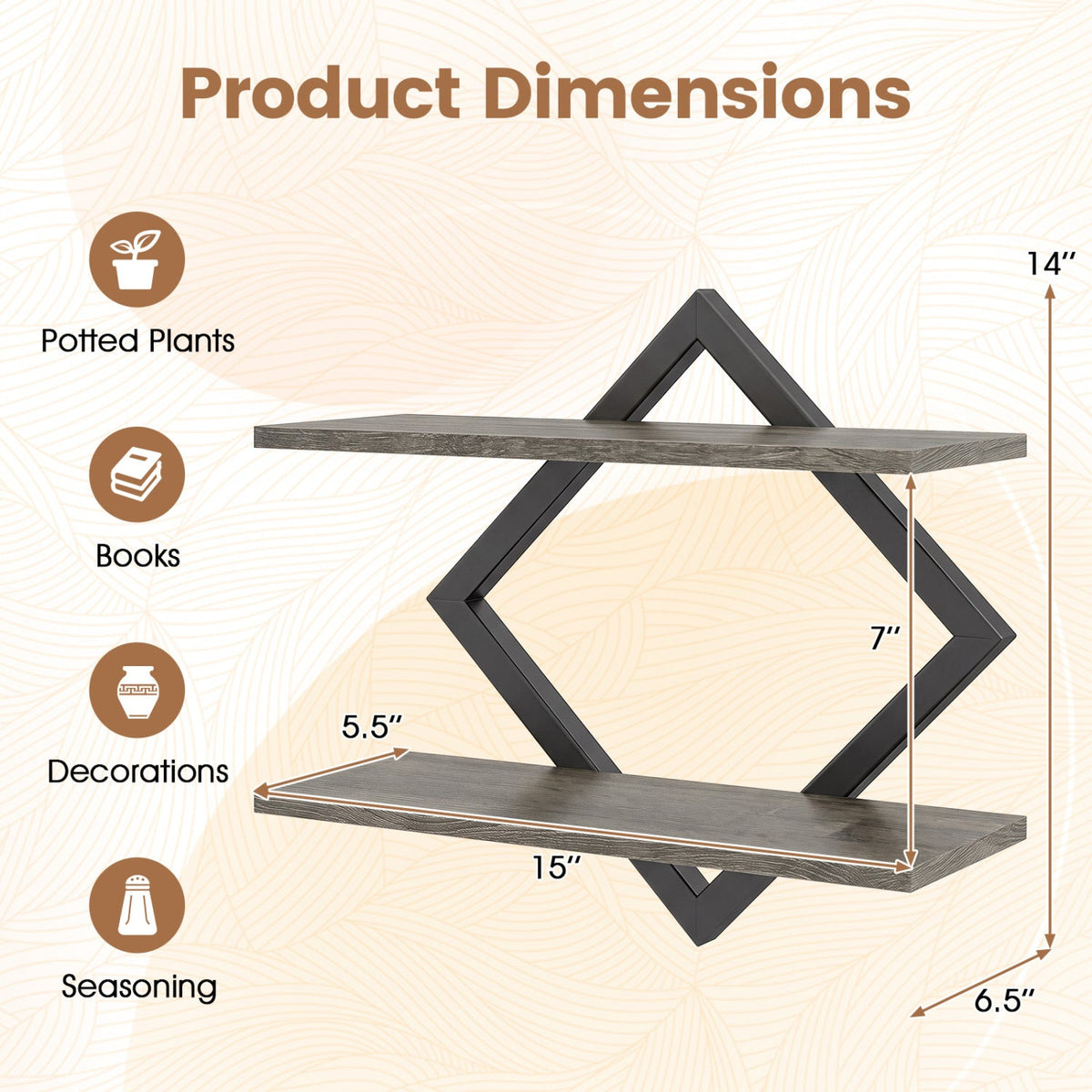 Metal floating wall shelves set of 2 with geometric diamond frame by DirectDeals gray metal on Tampa Home & Garden Store