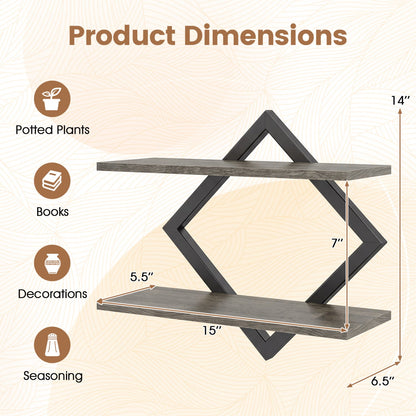 Metal floating wall shelves set of 2 with geometric diamond frame by DirectDeals gray metal on Tampa Home & Garden Store