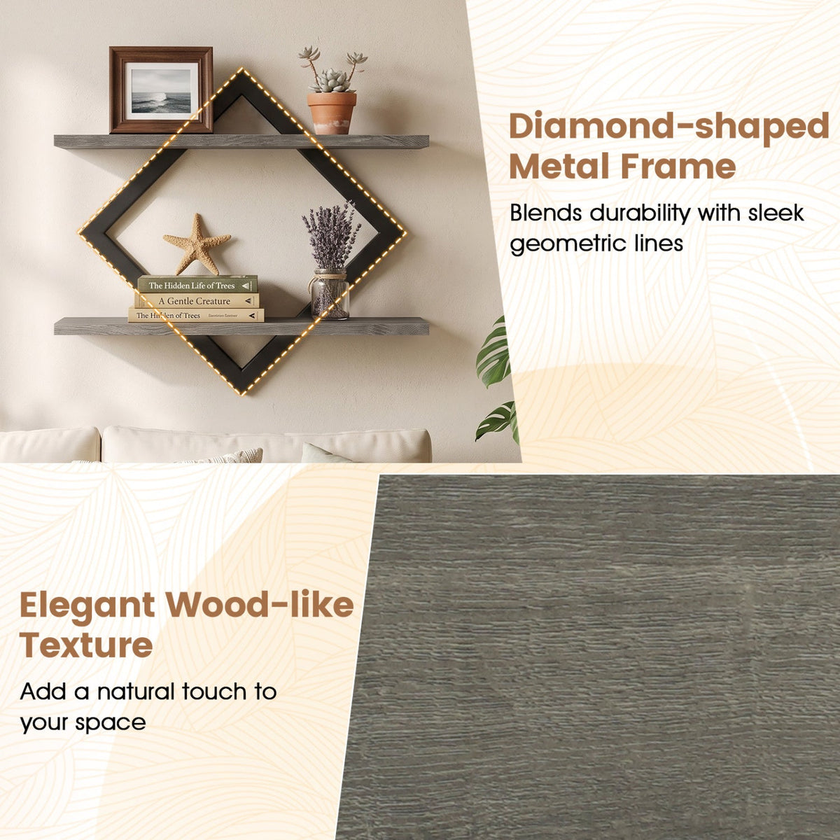 Metal Floating Wall Shelves set of 2, diamond frame, gray wood shelves by DirectDeals on Tampa Home & Garden Store