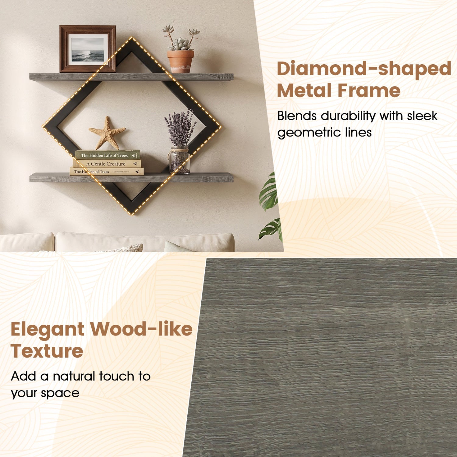 Metal Floating Wall Shelves set of 2, diamond frame, gray wood shelves by DirectDeals on Tampa Home & Garden Store