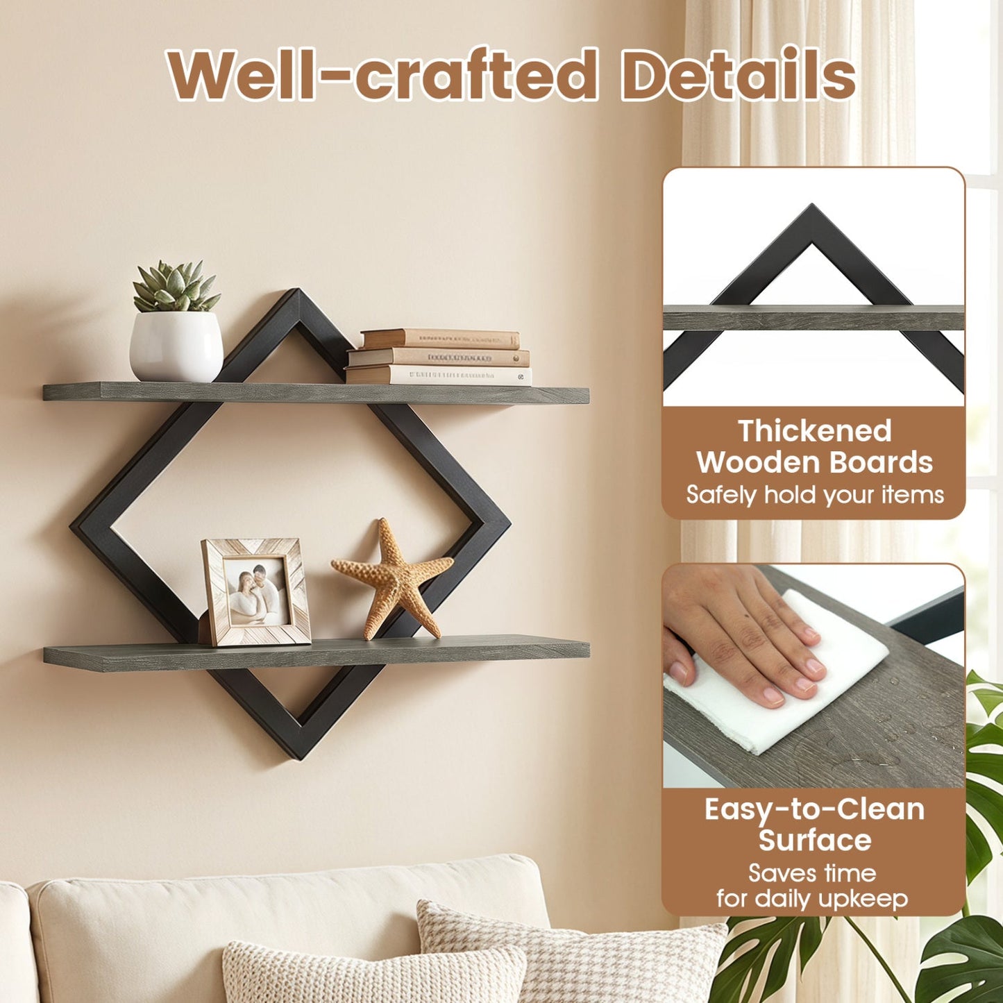 Metal floating wall shelves set of 2 with geometric frames and thick wooden boards in dark gray on Tampa Home & Garden Store
