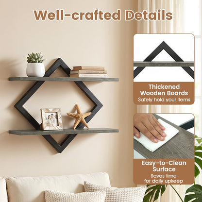 Metal floating wall shelves set of 2 with geometric frames and thick wooden boards in dark gray on Tampa Home & Garden Store