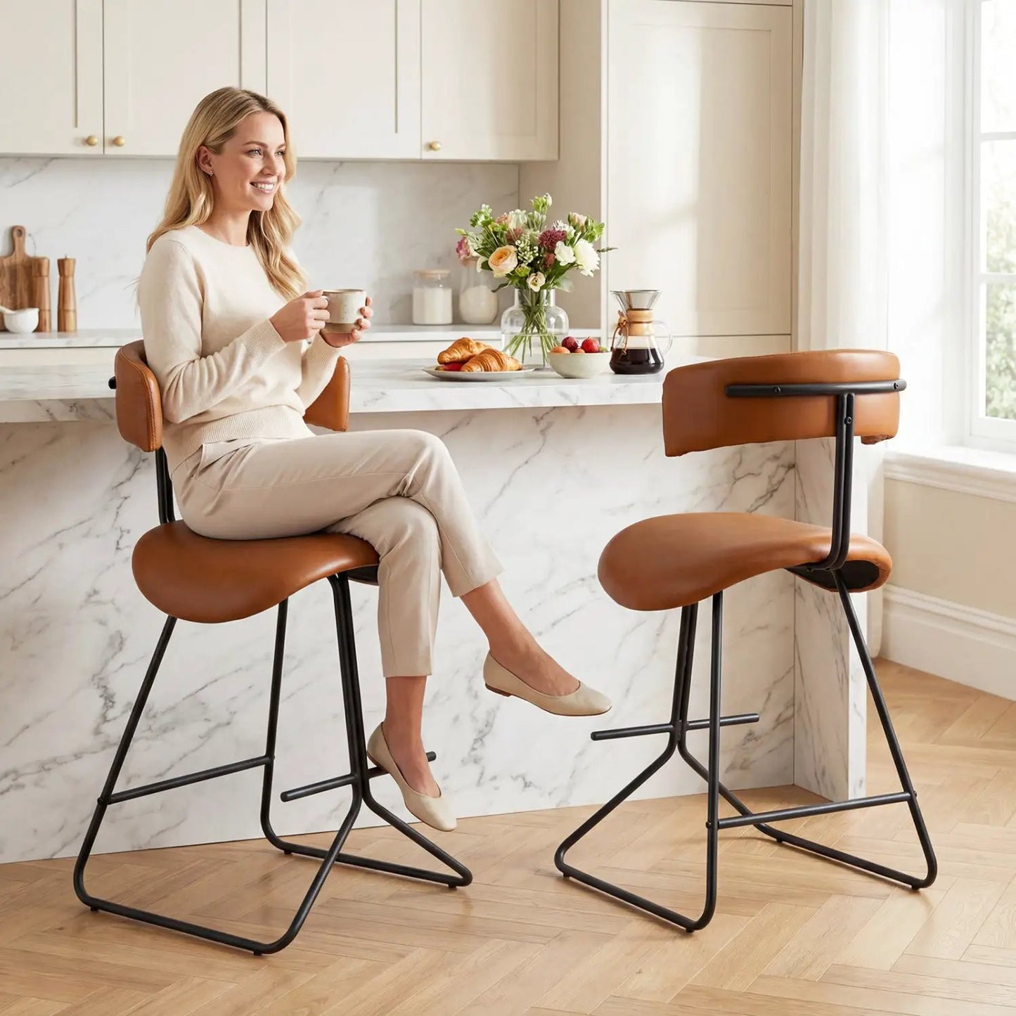 Two Modern Counter Height Stools Faux Leather