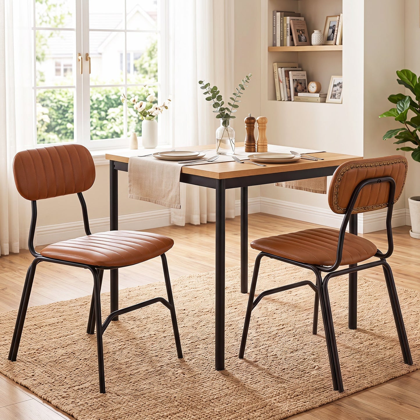 Dining chairs 2-pack with ergonomic backrests, brown faux leather upholstery, black metal legs on Tampa Home & Garden Store