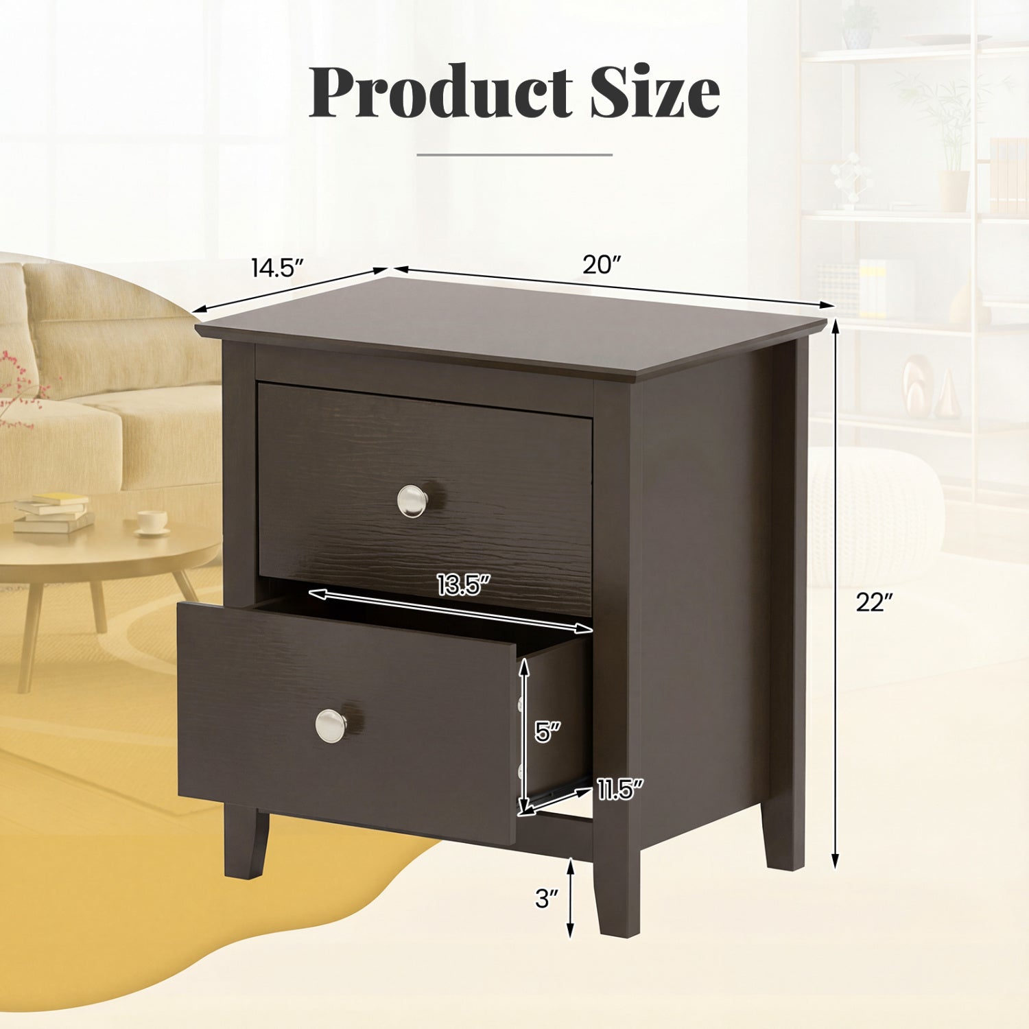 Set of 2 Modern Nightstand with two Drawers for Small Spaces-Rustic Brown - Tampa Home & Garden Store