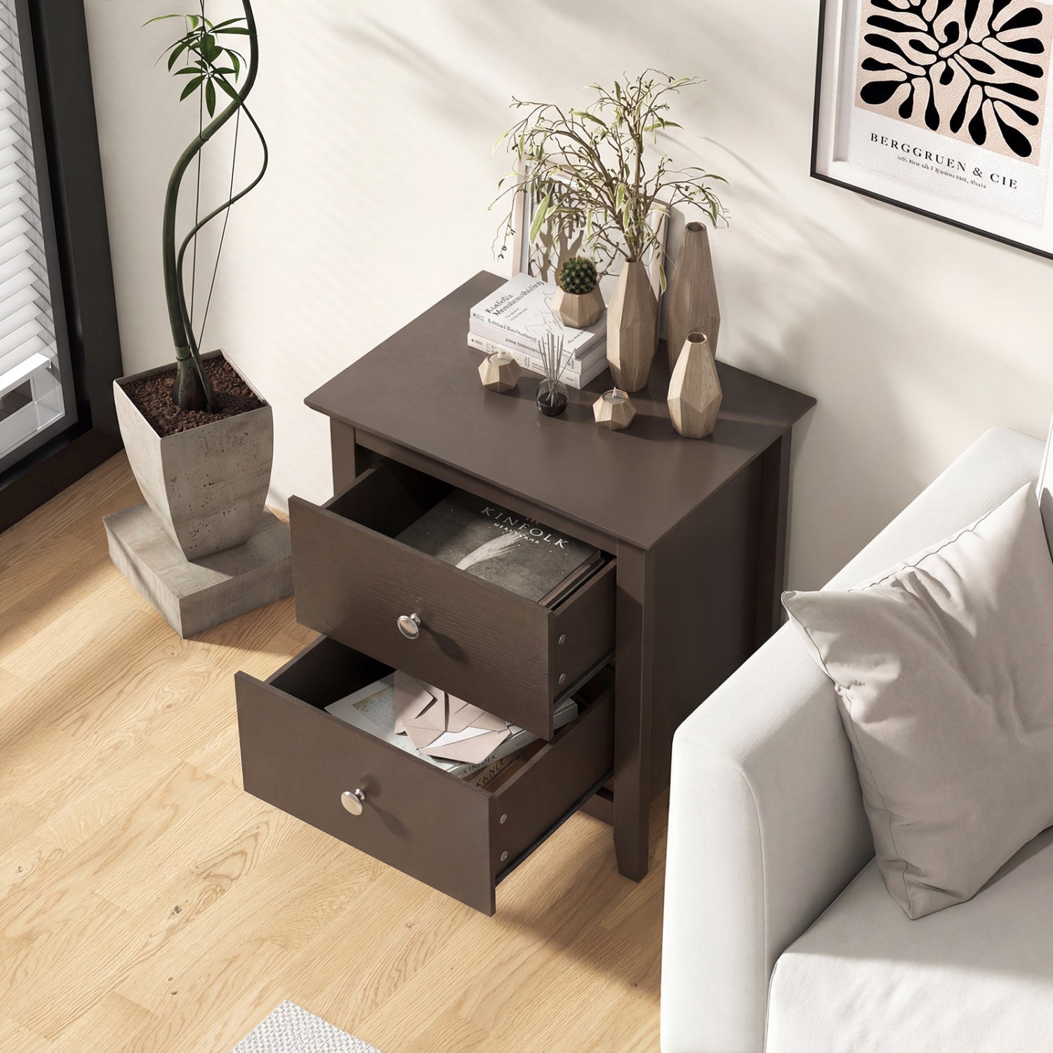 Set of 2 Modern Nightstand with two Drawers for Small Spaces-Rustic Brown - Tampa Home & Garden Store