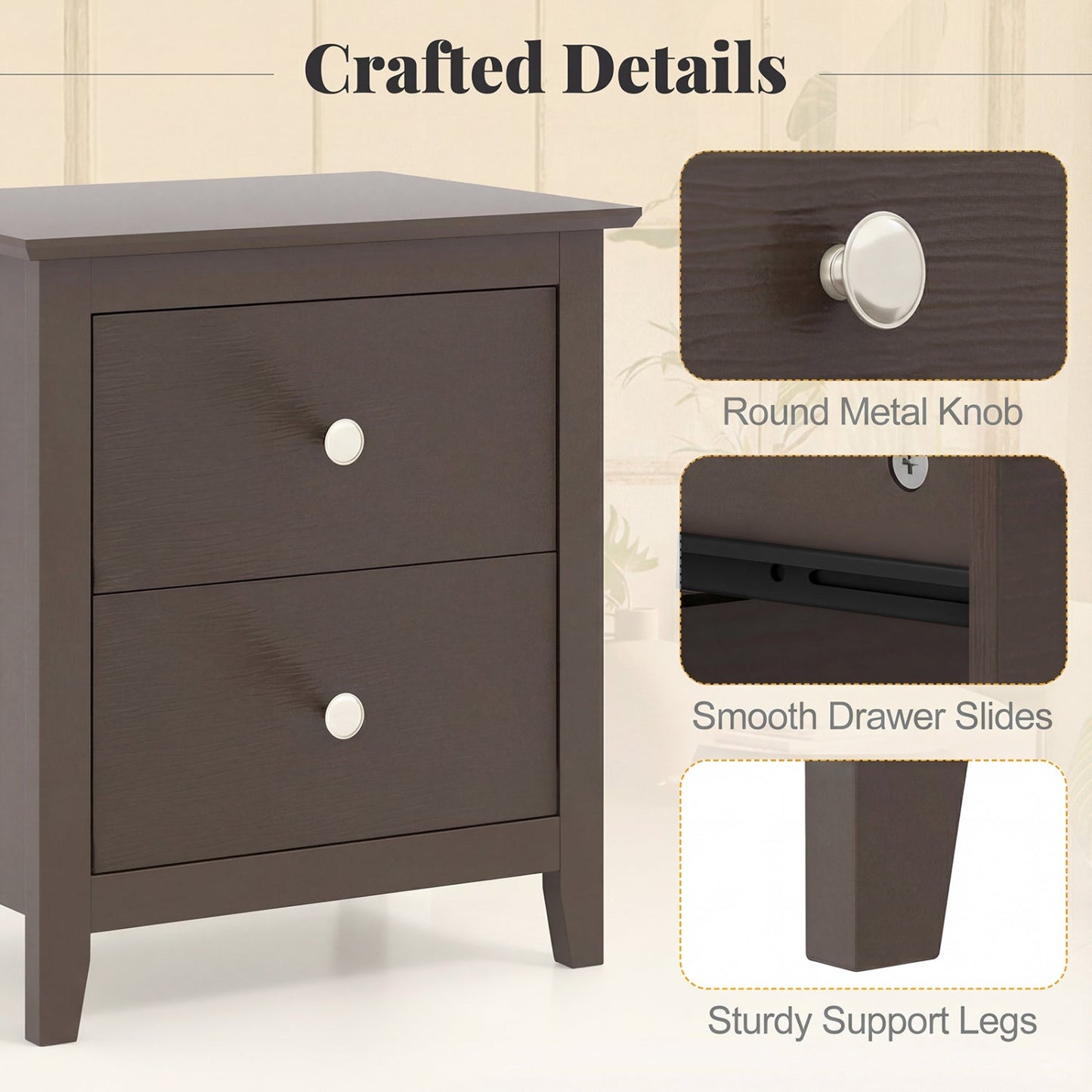 Set of 2 Modern Nightstand with two Drawers for Small Spaces-Rustic Brown - Tampa Home & Garden Store