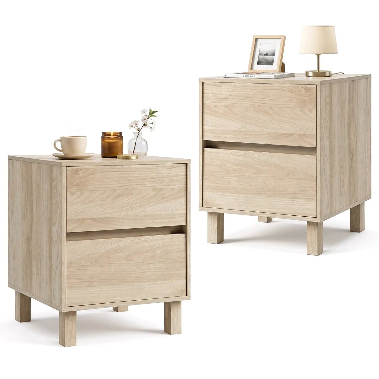 Wooden End Tables Set of Two with Storage Drawers
