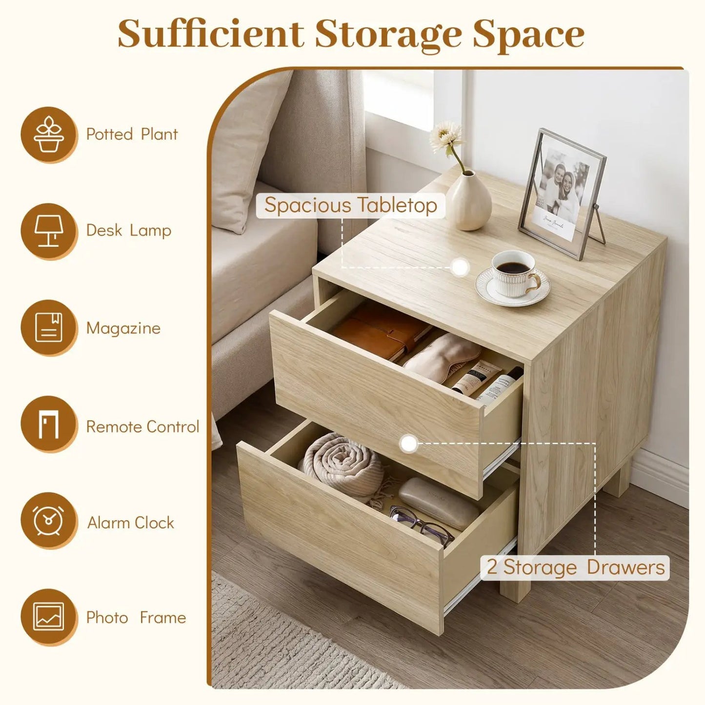Wooden End Tables Set of Two with Storage Drawers