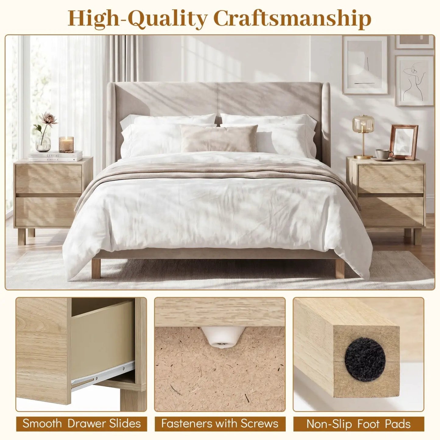 Wooden End Tables Set of Two with Storage Drawers