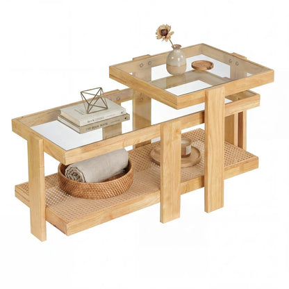 Nesting Coffee Tables Set 2 With Rattan Shelf