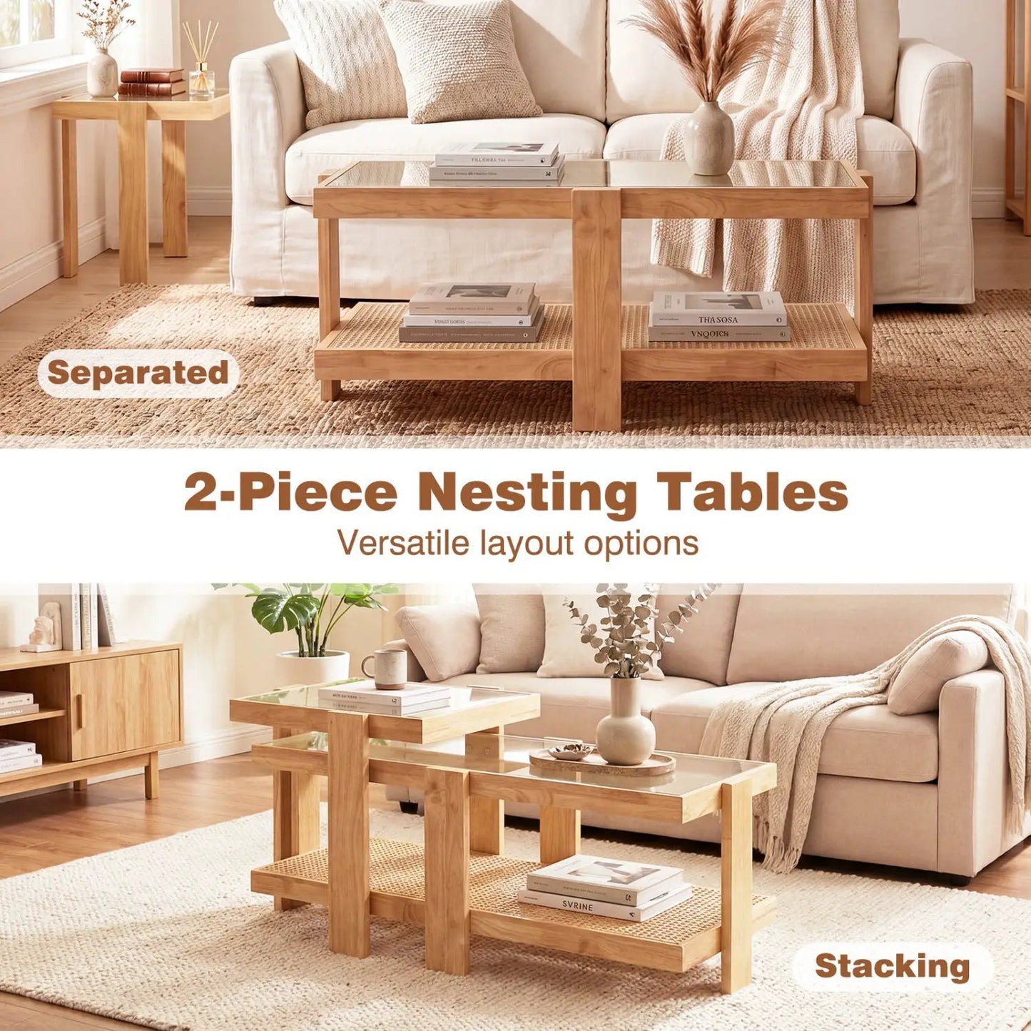 Nesting Coffee Tables Set 2 With Rattan Shelf