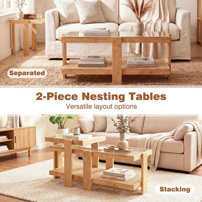 Nesting Coffee Tables Set 2 With Rattan Shelf