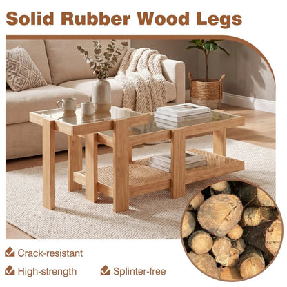 Nesting Coffee Tables Set 2 With Rattan Shelf