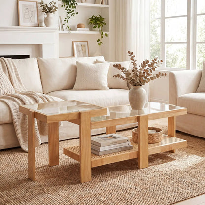 Nesting Coffee Tables Set 2 With Rattan Shelf