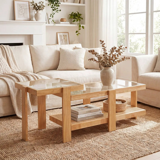 Nesting coffee tables set of 2 with rattan shelf in natural wood finish on Tampa Home & Garden Store