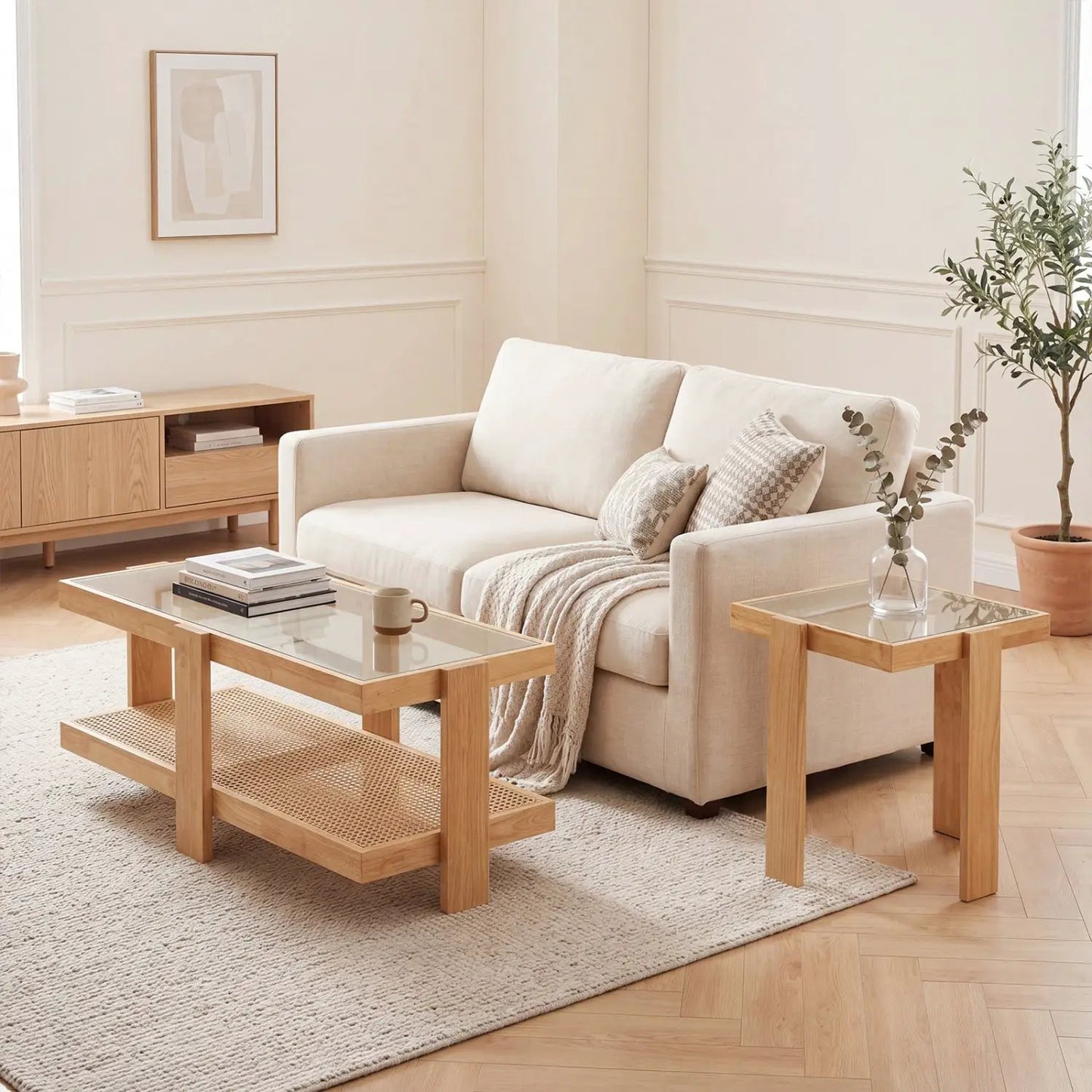 Nesting Coffee Tables Set 2 With Rattan Shelf