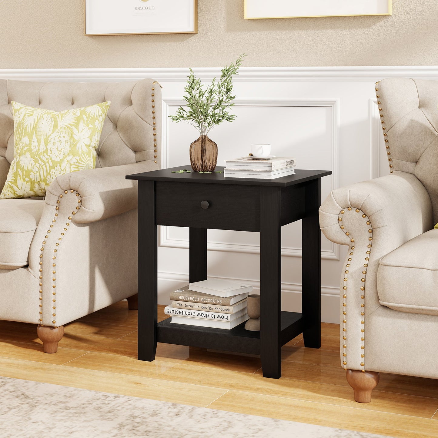 Set of 2 Nightstand with Drawer 3-Tier Modern Bedside Table with Open Shelf and Storage