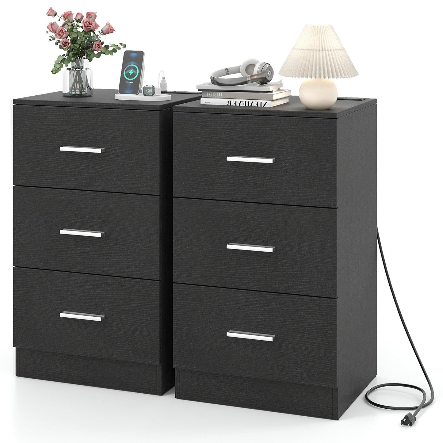 Set of 2 Nightstand with Charging Station End Table with 3 Storage Drawers Bedside Table for Bedroom - Tampa Home & Garden Store