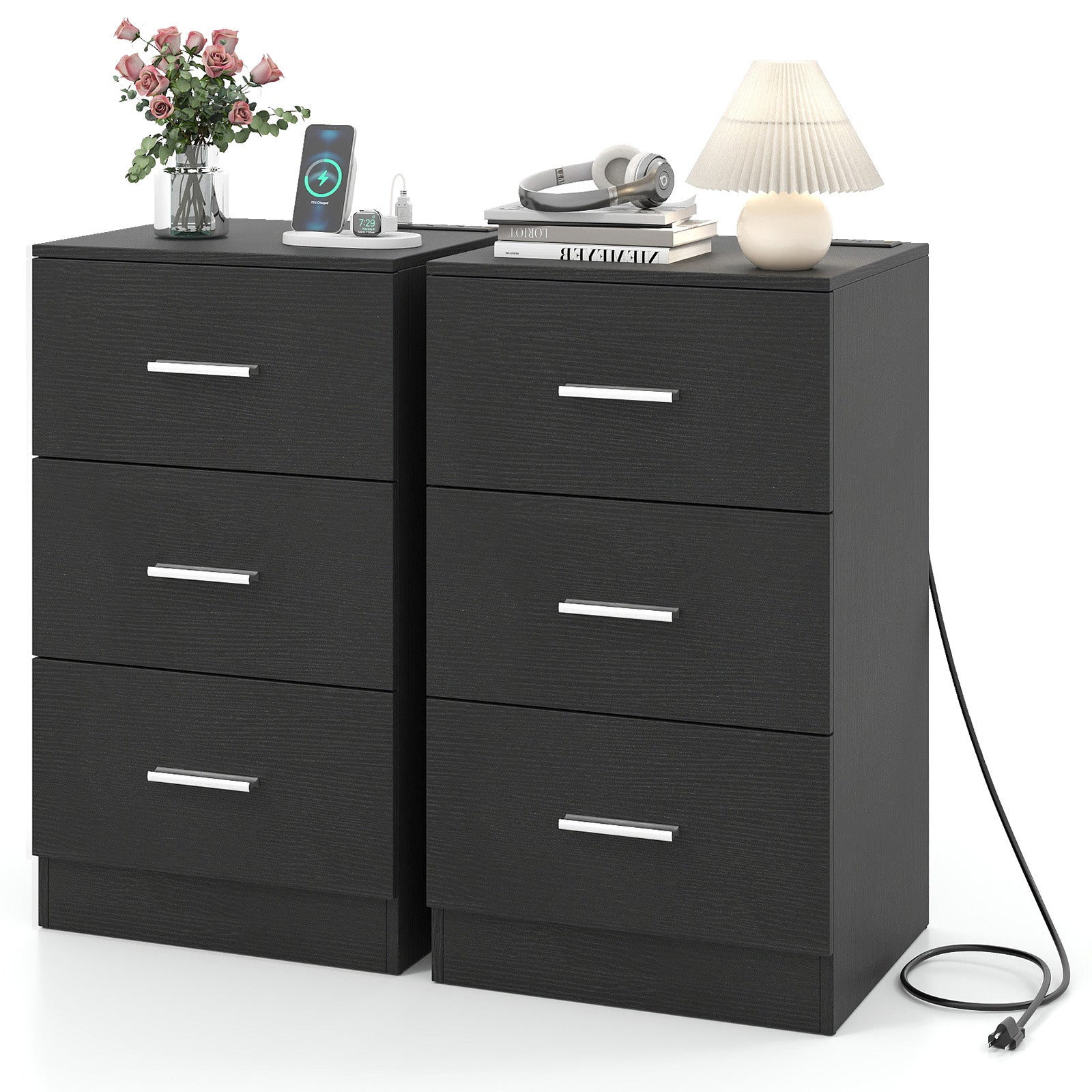 Set of 2 Nightstand with Charging Station End Table with 3 Storage Drawers Bedside Table for Bedroom - Tampa Home & Garden Store