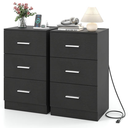 Set of 2 Nightstand with Charging Station End Table with 3 Storage Drawers Bedside Table for Bedroom - Tampa Home & Garden Store