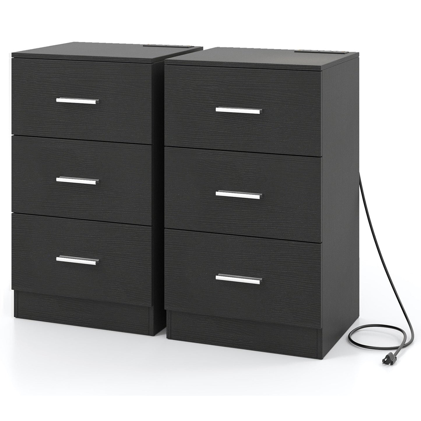 Set of 2 Nightstand with Charging Station End Table with 3 Storage Drawers Bedside Table for Bedroom - Tampa Home & Garden Store