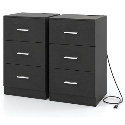 Set of 2 Nightstand with Charging Station End Table with 3 Storage Drawers Bedside Table for Bedroom - Tampa Home & Garden Store