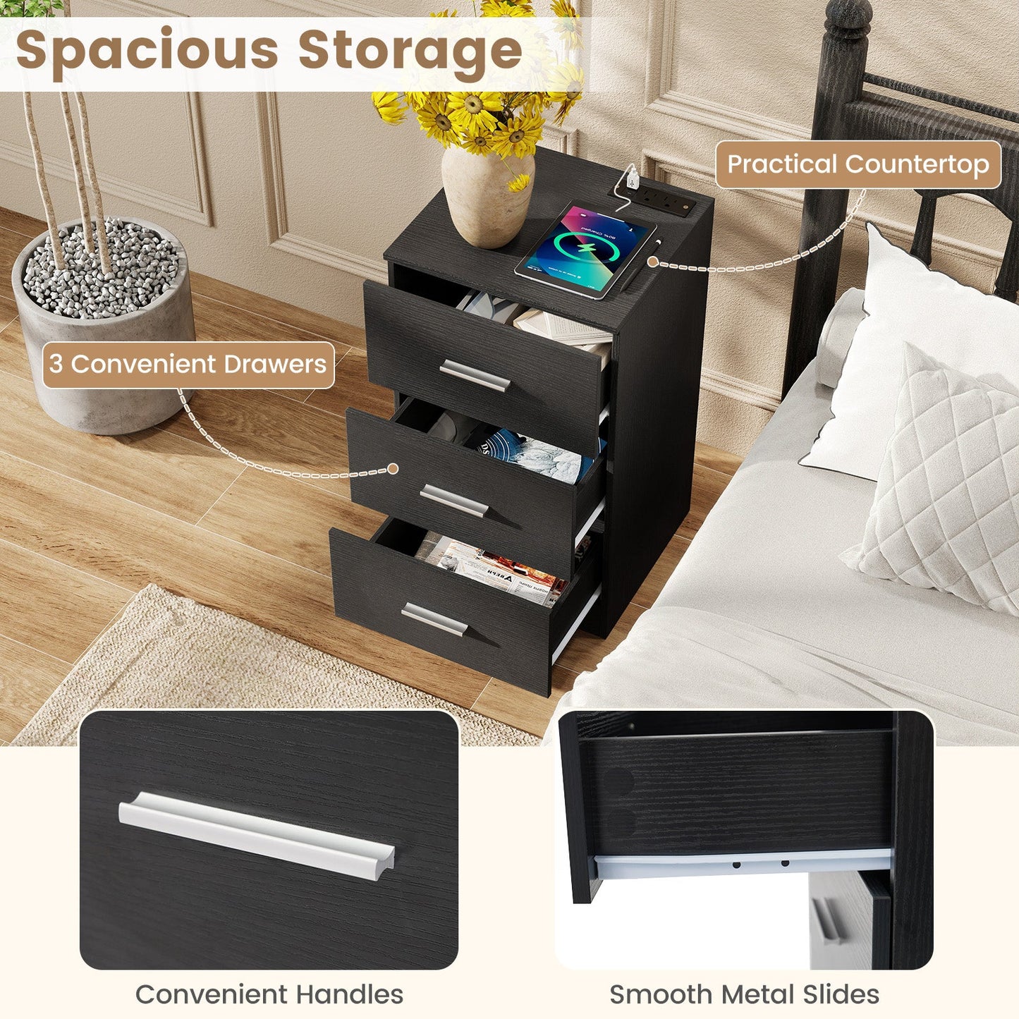 Set of 2 Nightstand with Charging Station End Table with 3 Storage Drawers Bedside Table for Bedroom - Tampa Home & Garden Store