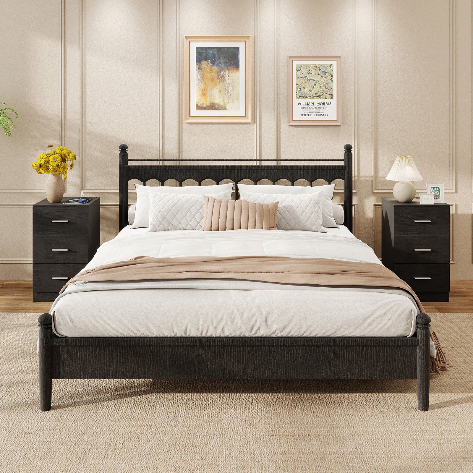 Set of 2 Nightstand with Charging Station End Table with 3 Storage Drawers Bedside Table for Bedroom - Tampa Home & Garden Store