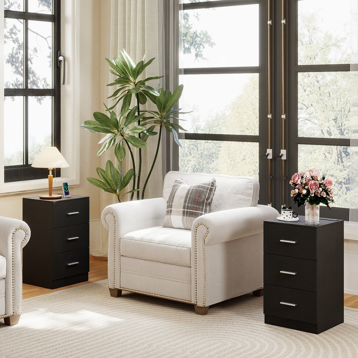 Set of 2 Nightstand with Charging Station End Table with 3 Storage Drawers Bedside Table for Bedroom - Tampa Home & Garden Store