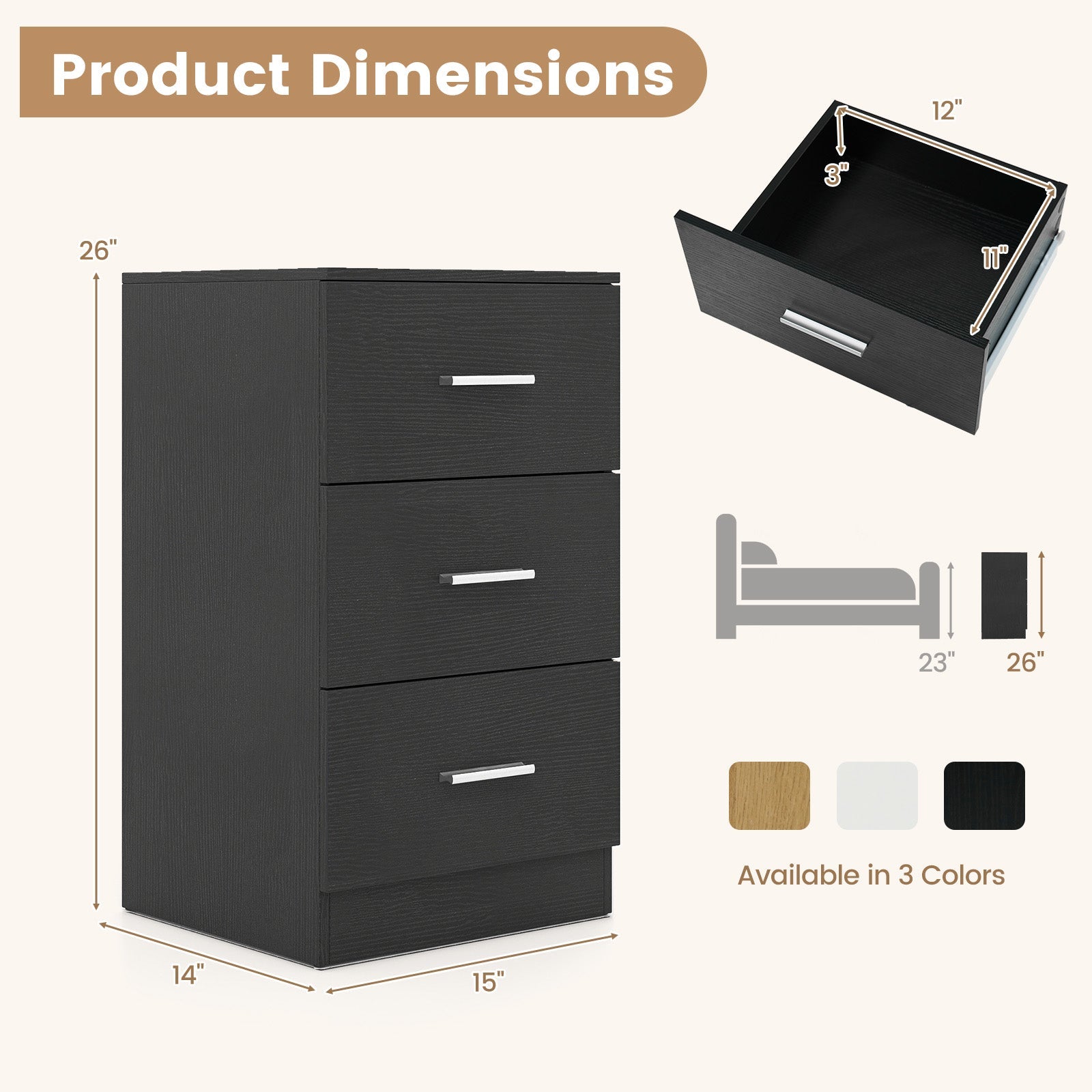 Set of 2 Nightstand with Charging Station End Table with 3 Storage Drawers Bedside Table for Bedroom - Tampa Home & Garden Store