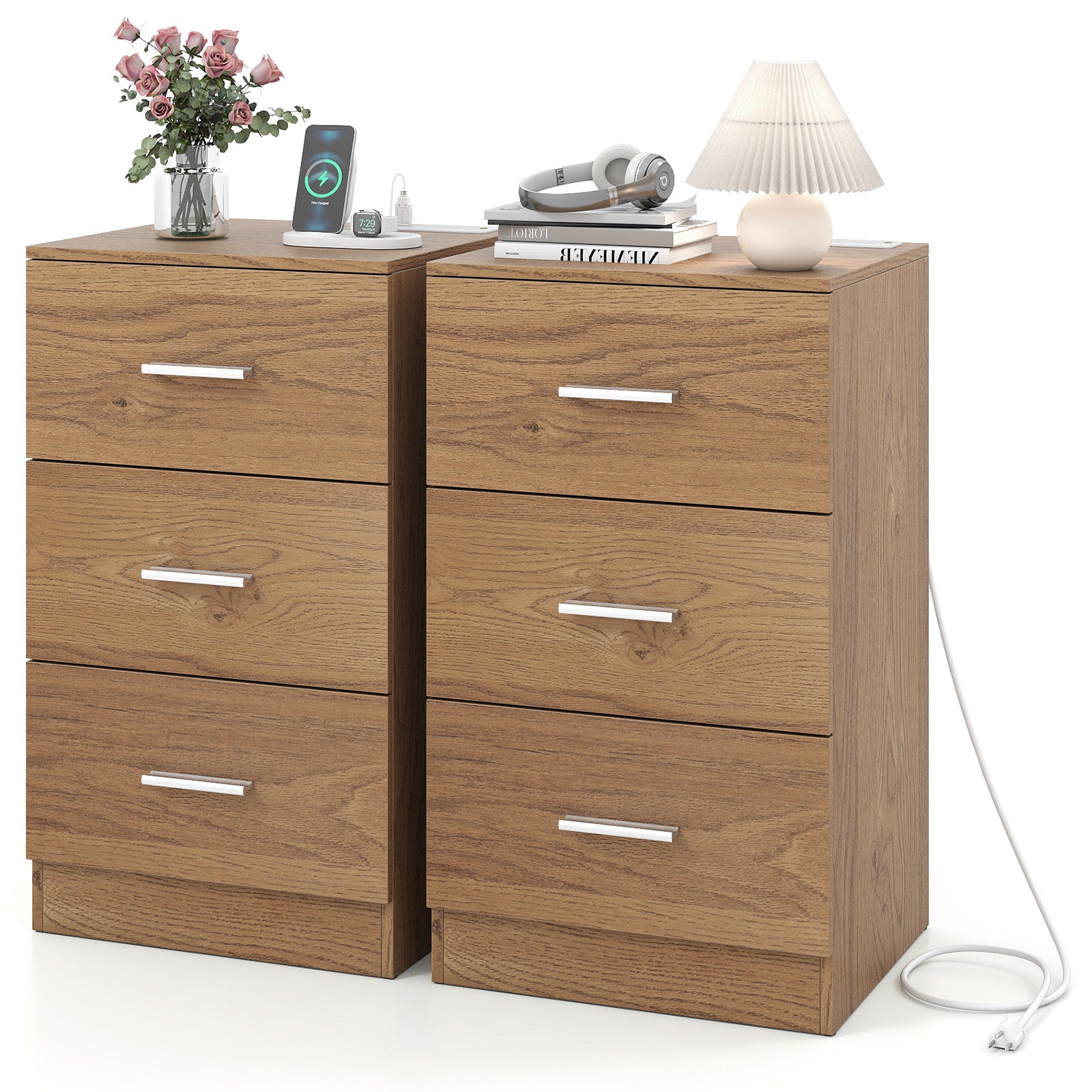 Set of 2 Nightstand with Charging Station End Table with 3 Storage Drawers Bedside Table for Bedroom - Tampa Home & Garden Store