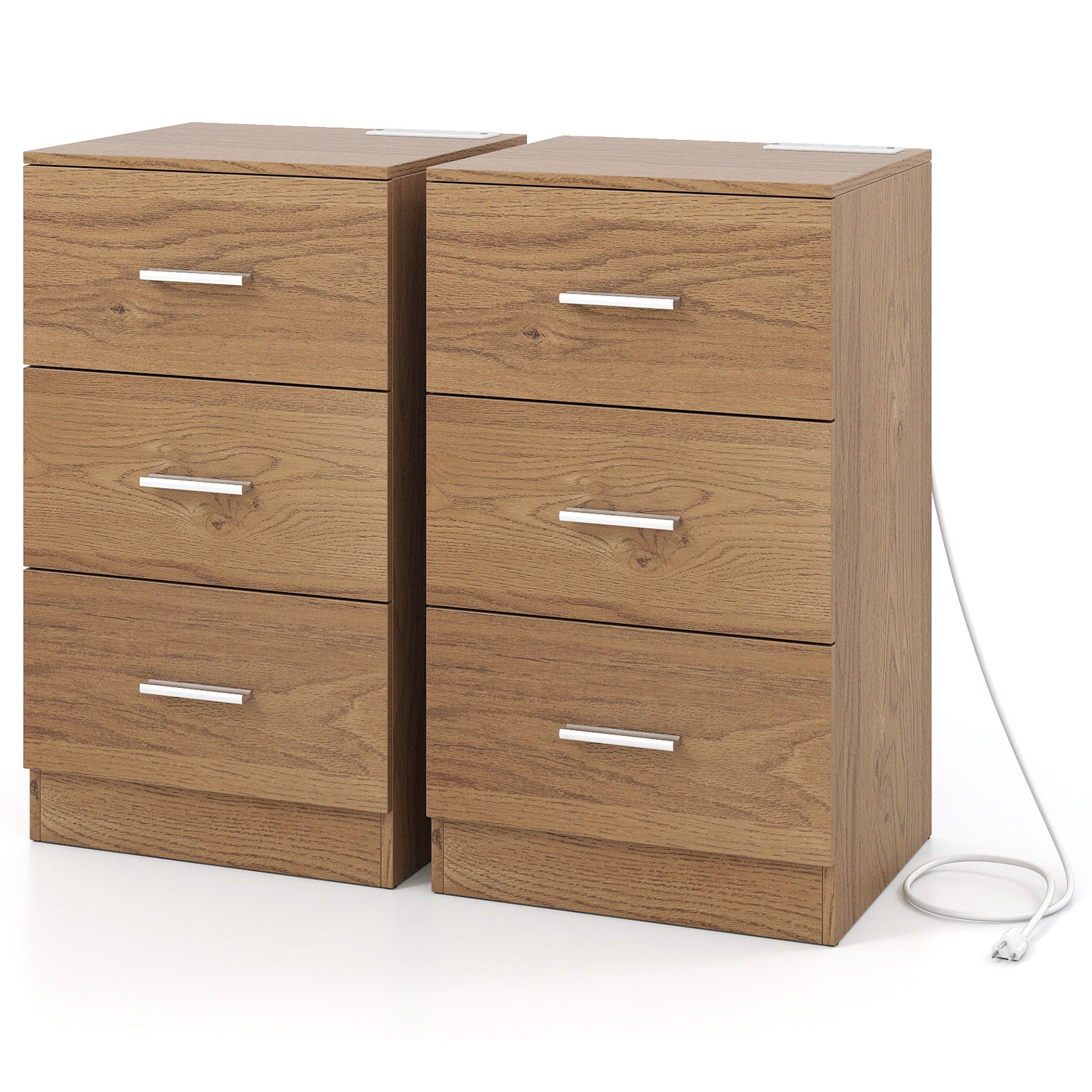 Set of 2 Nightstand with Charging Station End Table with 3 Storage Drawers Bedside Table for Bedroom - Tampa Home & Garden Store