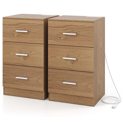 Set of 2 Nightstand with Charging Station End Table with 3 Storage Drawers Bedside Table for Bedroom - Tampa Home & Garden Store