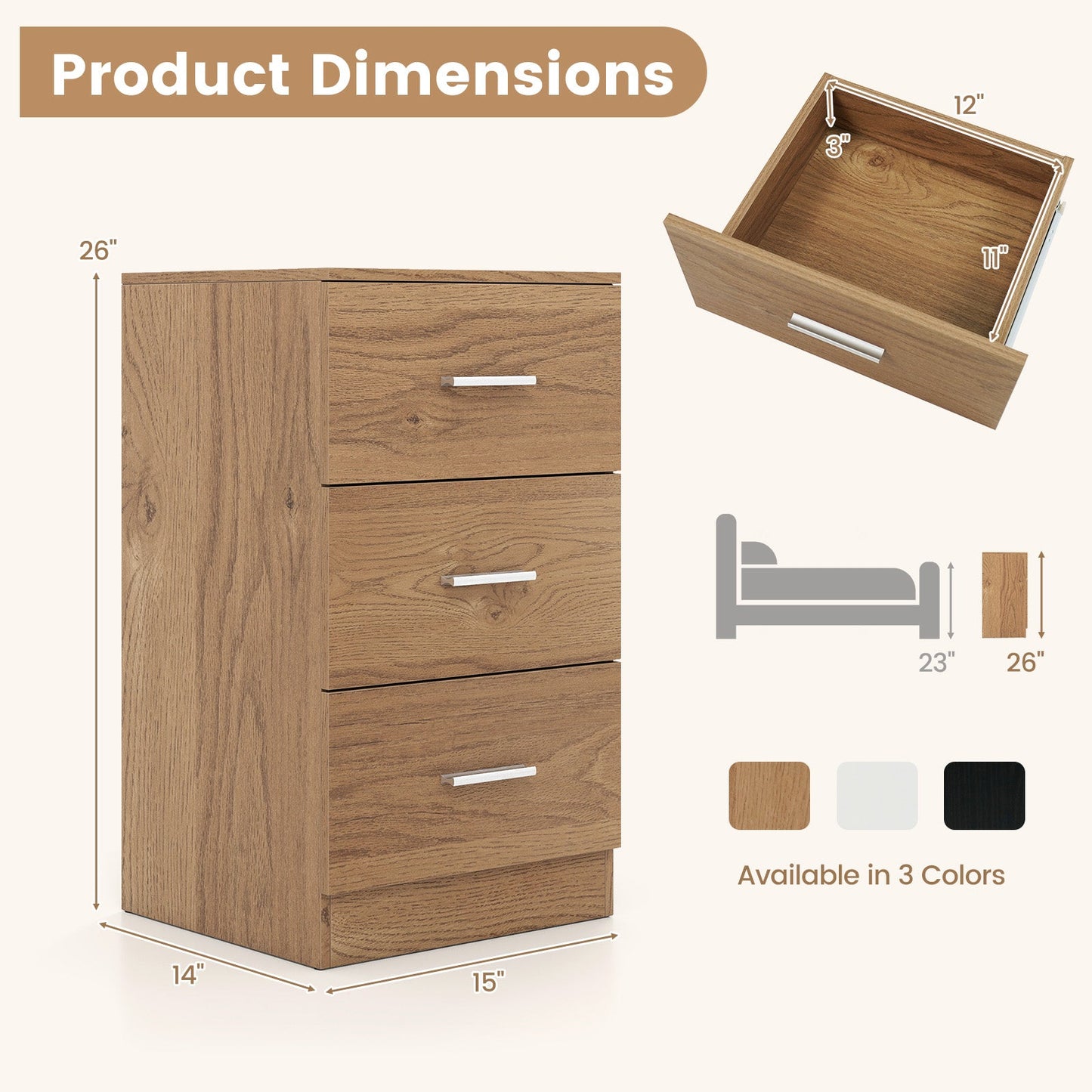 Set of 2 Nightstand with Charging Station End Table with 3 Storage Drawers Bedside Table for Bedroom - Tampa Home & Garden Store