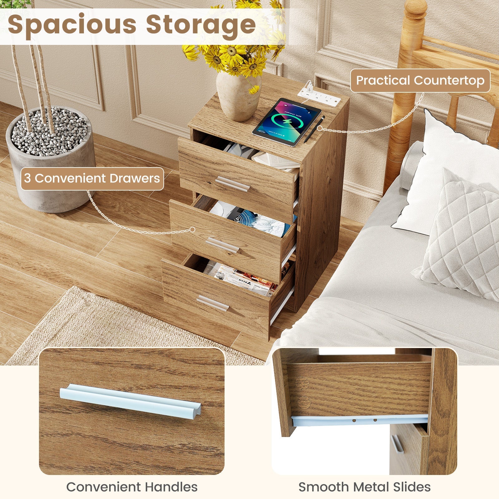 Set of 2 Nightstand with Charging Station End Table with 3 Storage Drawers Bedside Table for Bedroom - Tampa Home & Garden Store