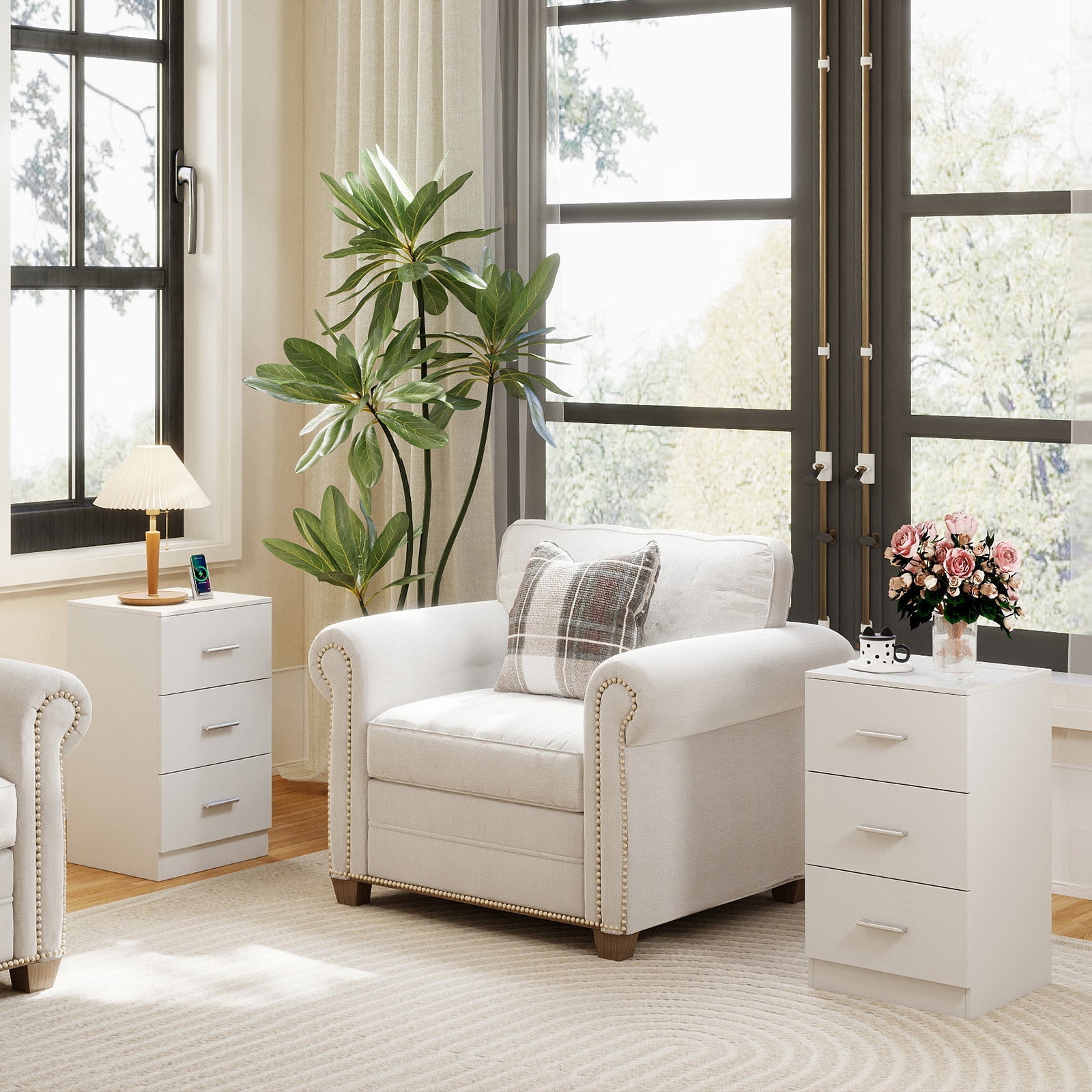 Set of 2 Nightstand with Charging Station End Table with 3 Storage Drawers Bedside Table for Bedroom - Tampa Home & Garden Store